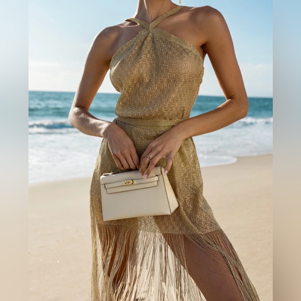 Luli Fama Dorada Gold Cross Halter Long Fringe Dress, One Size Fits All